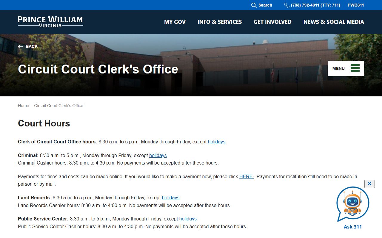 Prince William County Clerk of Circuit Court office hours