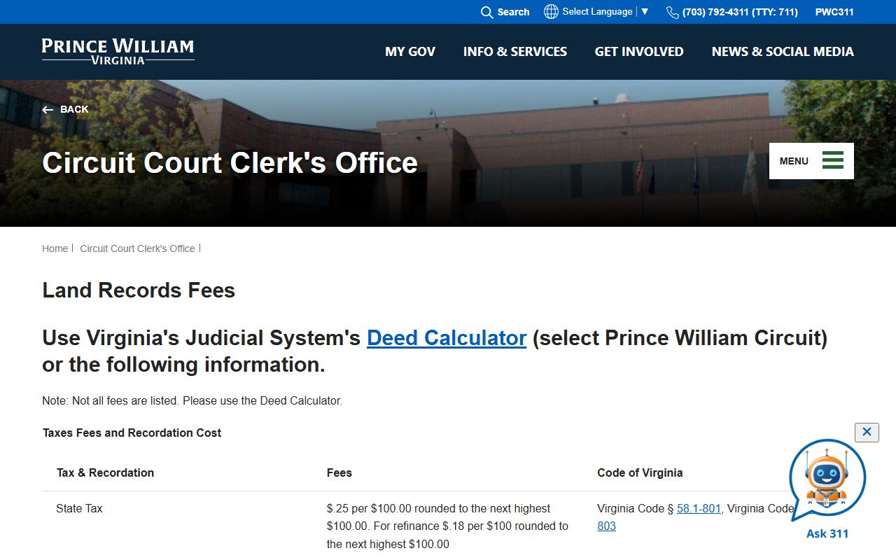 Prince William County Clerk of Circuit Court land records fees