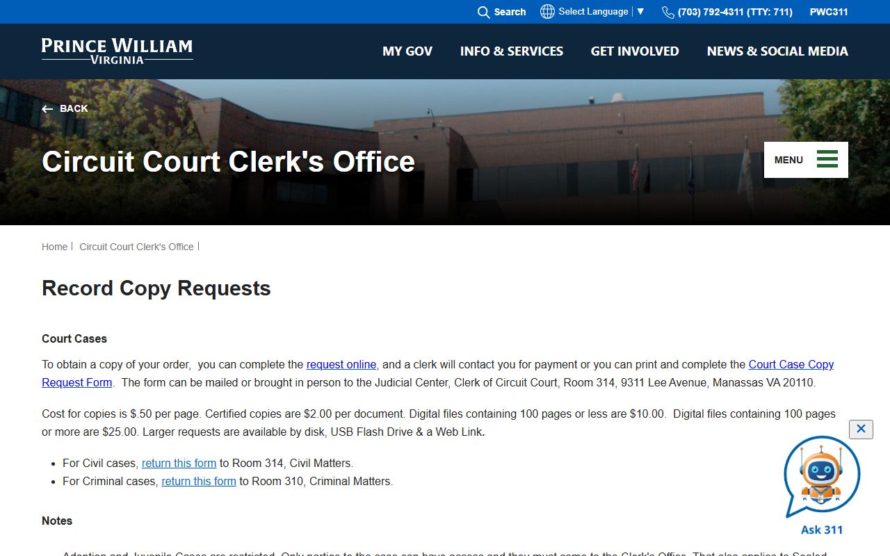 Prince William County Clerk of Circuit Court record copy requests