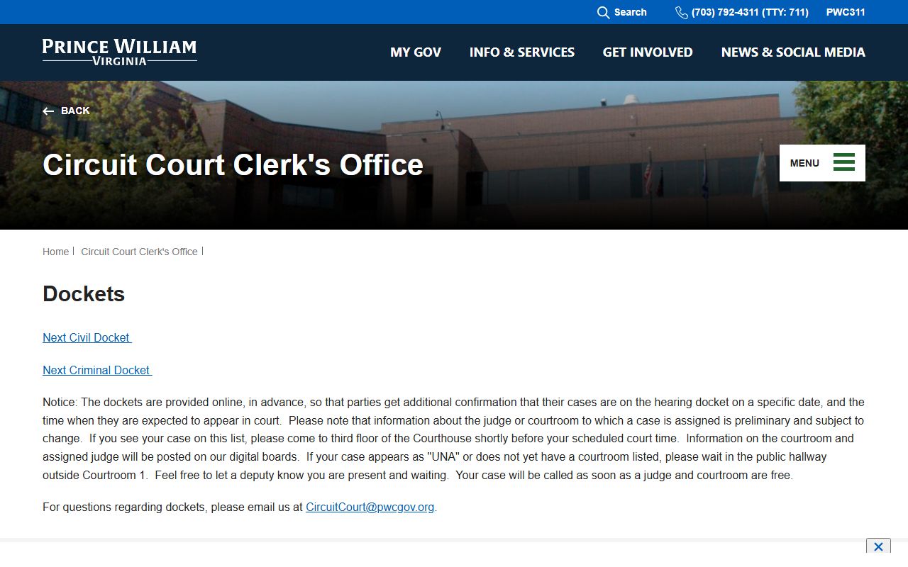 Prince William County court dockets page with civil and criminal docket links