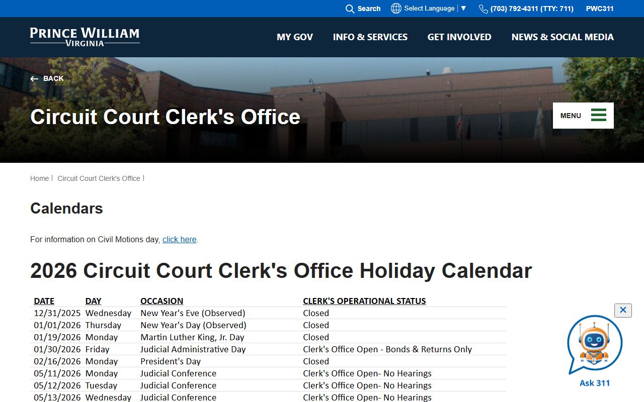 Prince William County Circuit Court calendar and term days
