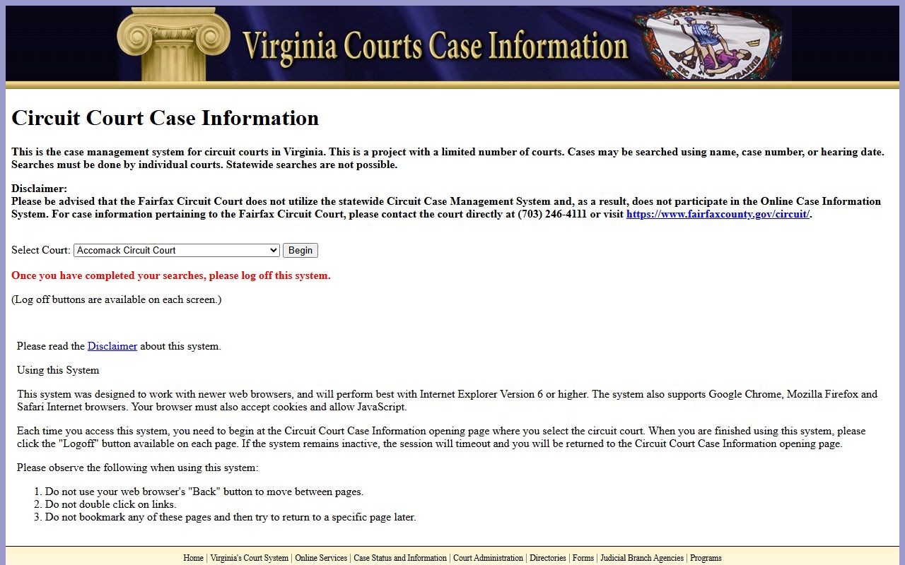 Prince William County court records on the Circuit Court Case Information portal
