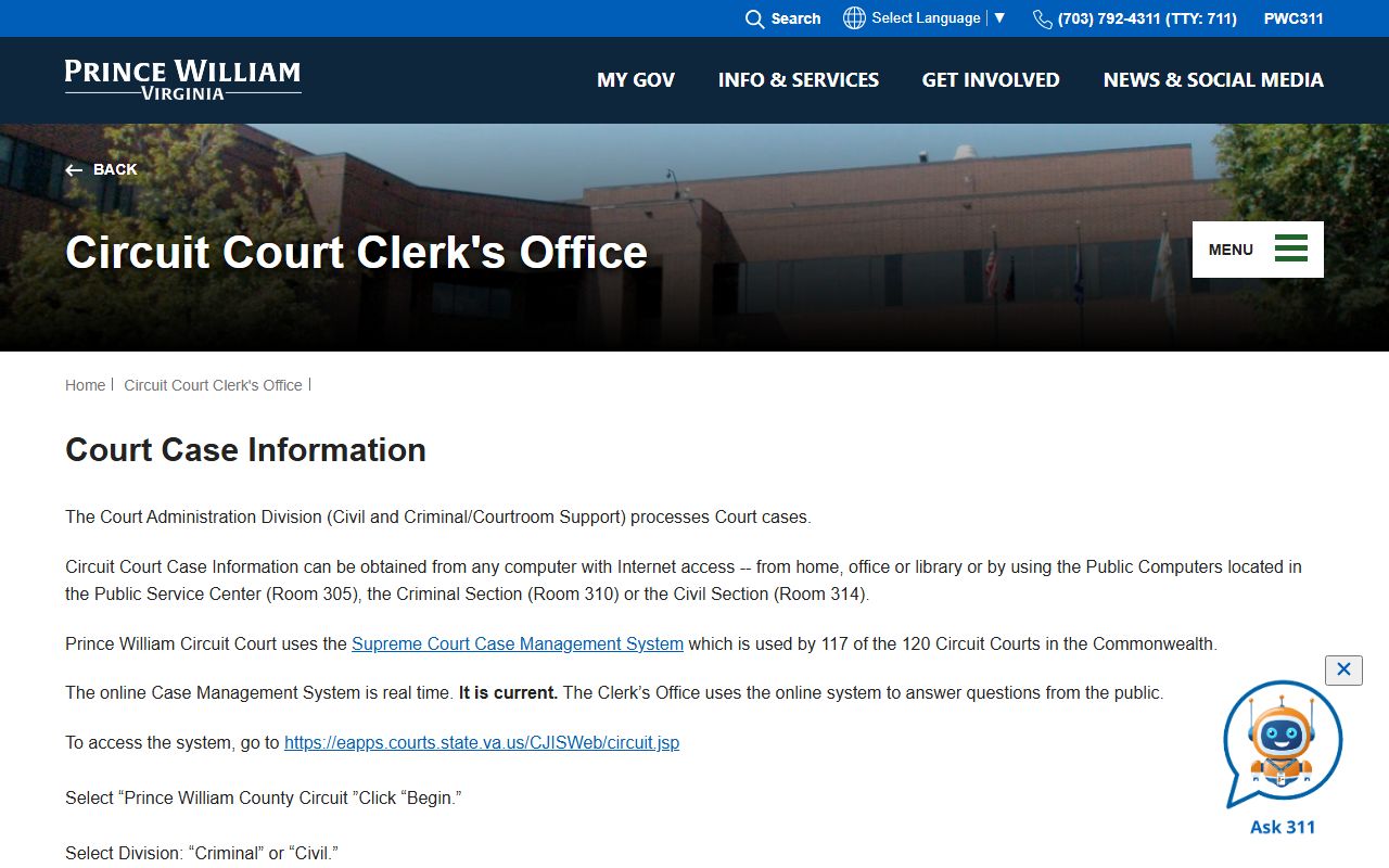 Prince William County court records case information instructions