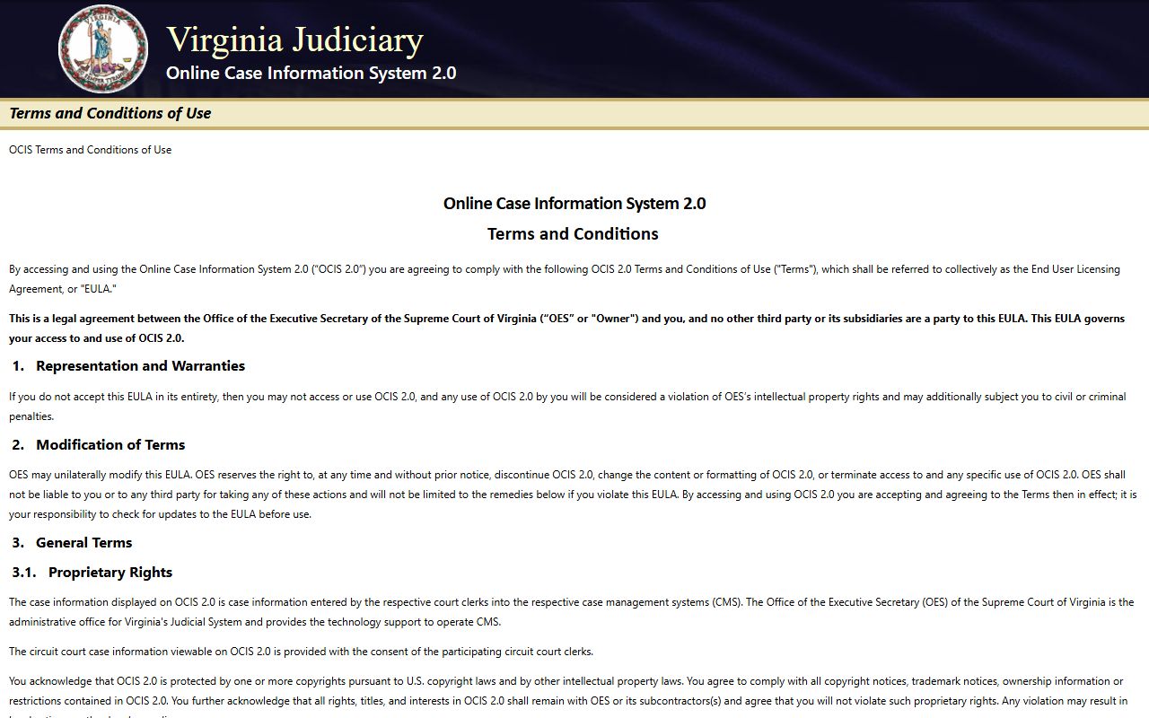 Prince William County court records on the statewide Online Case Information System