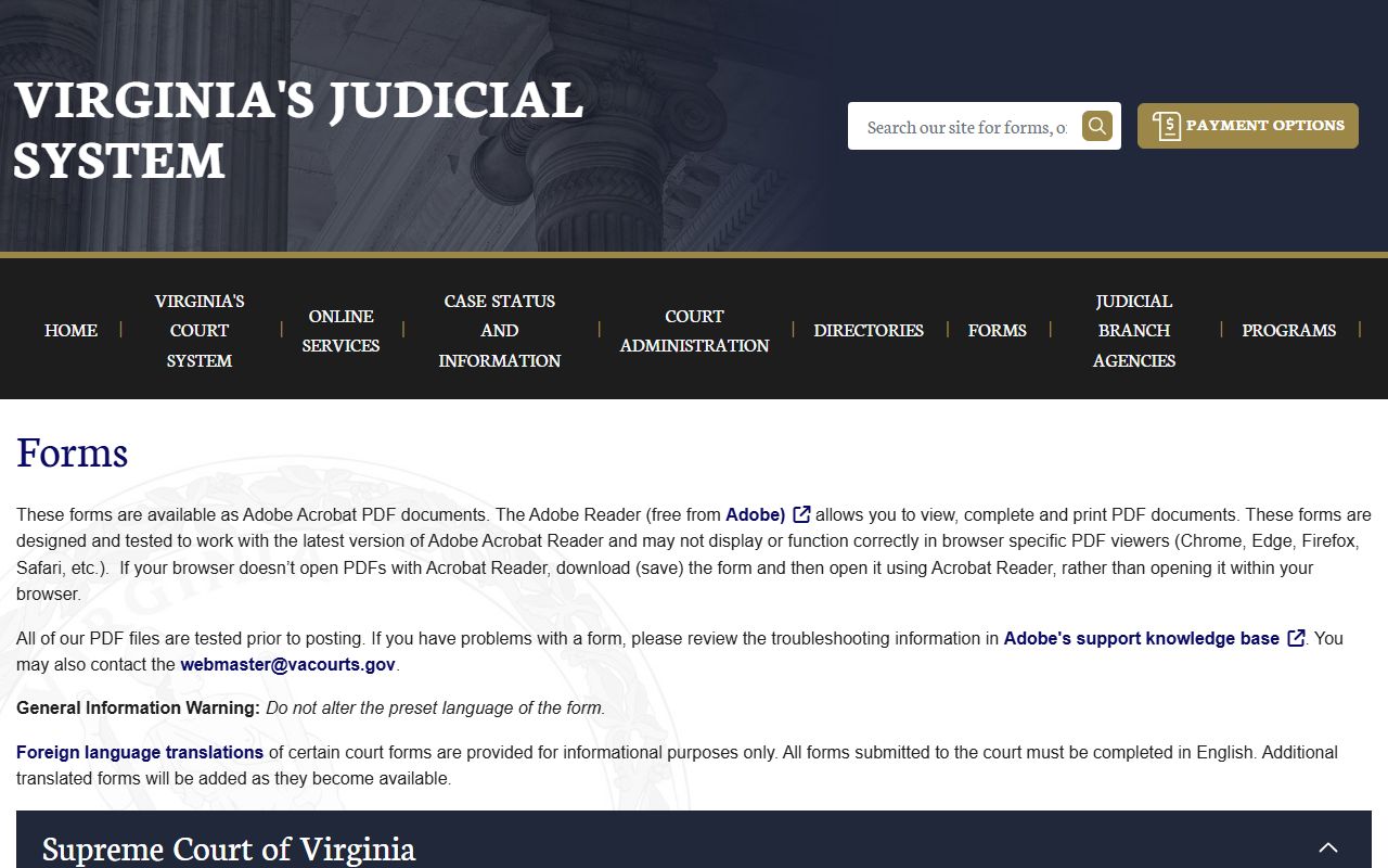 Prince William County court records forms on the Virginia Judiciary site