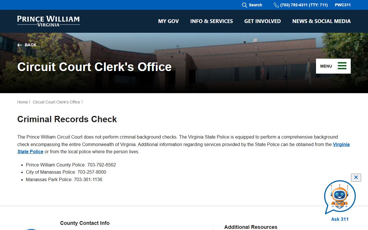 Prince William County criminal records check notice