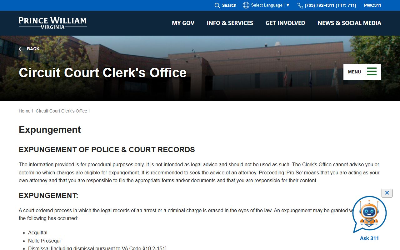 Prince William County arrest records expungement procedure