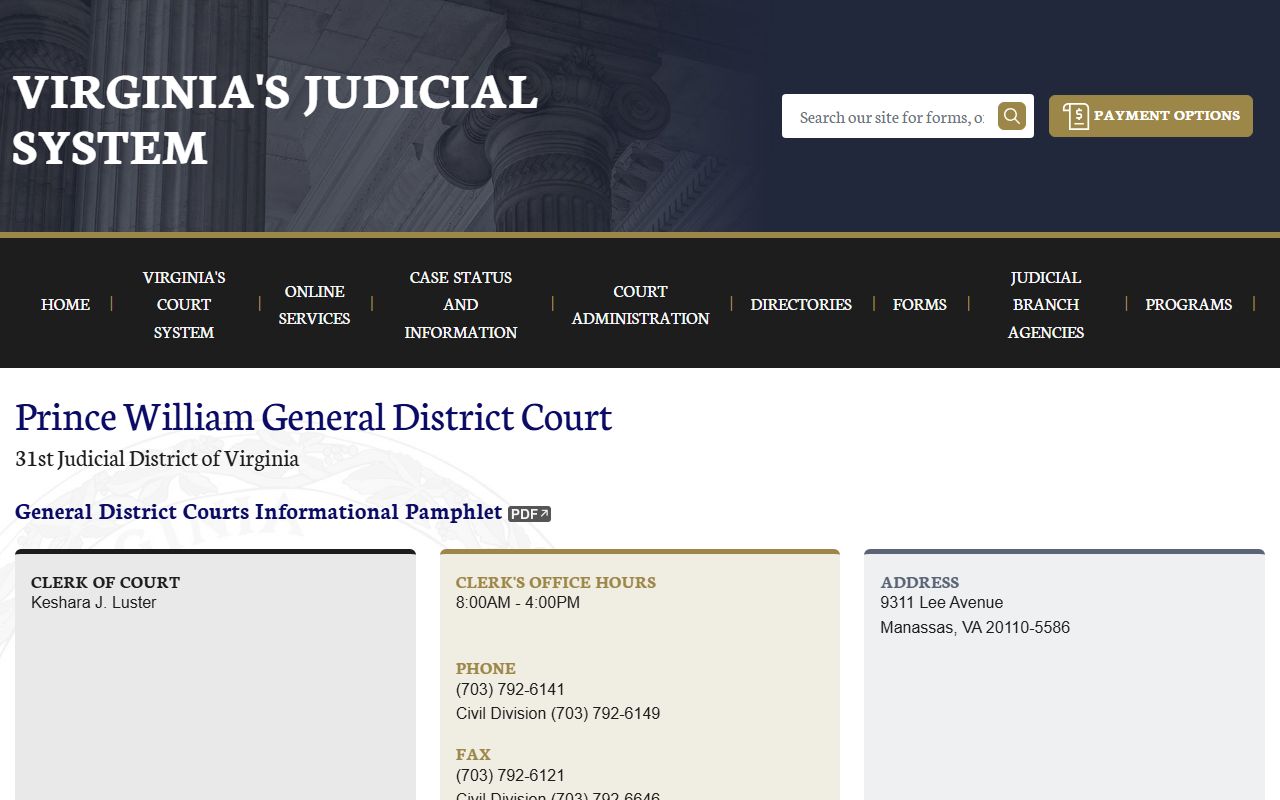 Prince William County General District Court listing on the Virginia Judiciary site