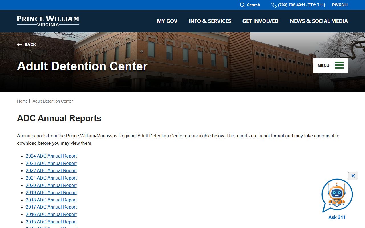 Prince William County jail population data in the ADC annual reports