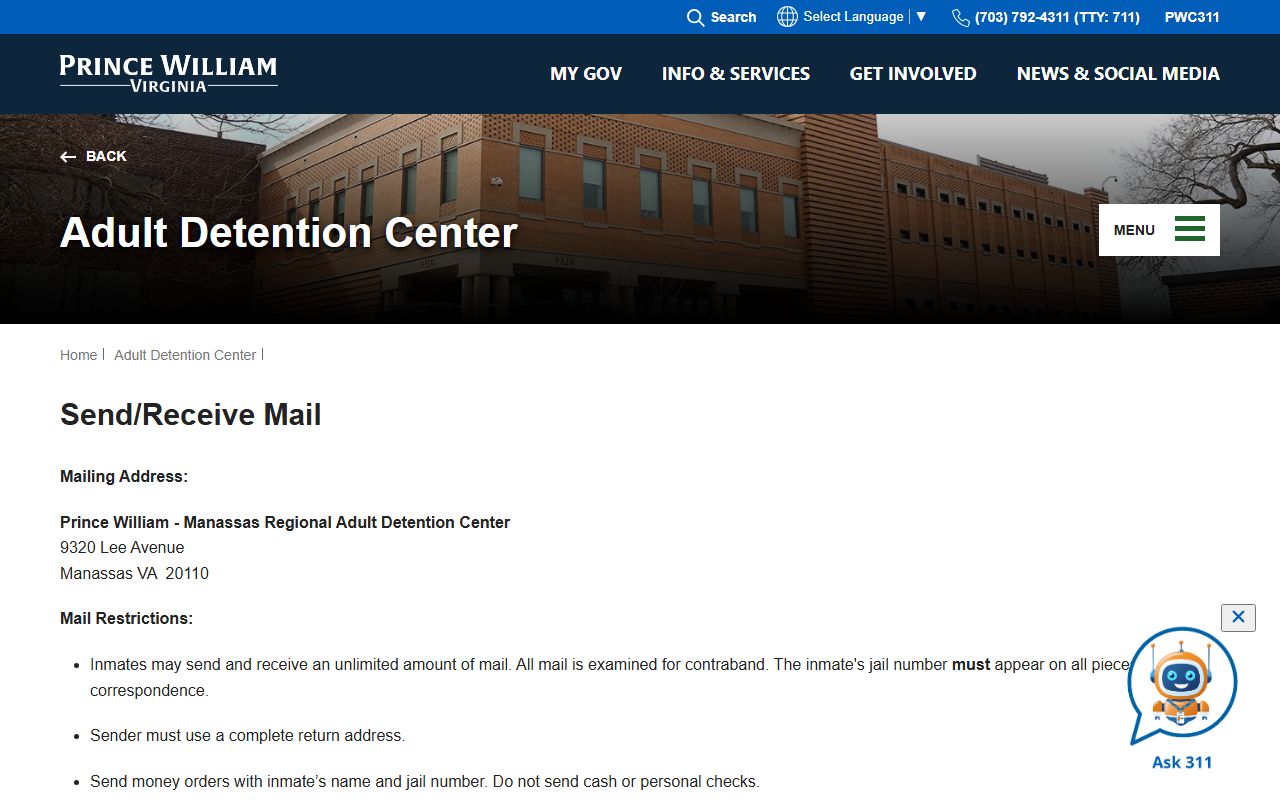 Prince William County inmate mail rules at the Adult Detention Center