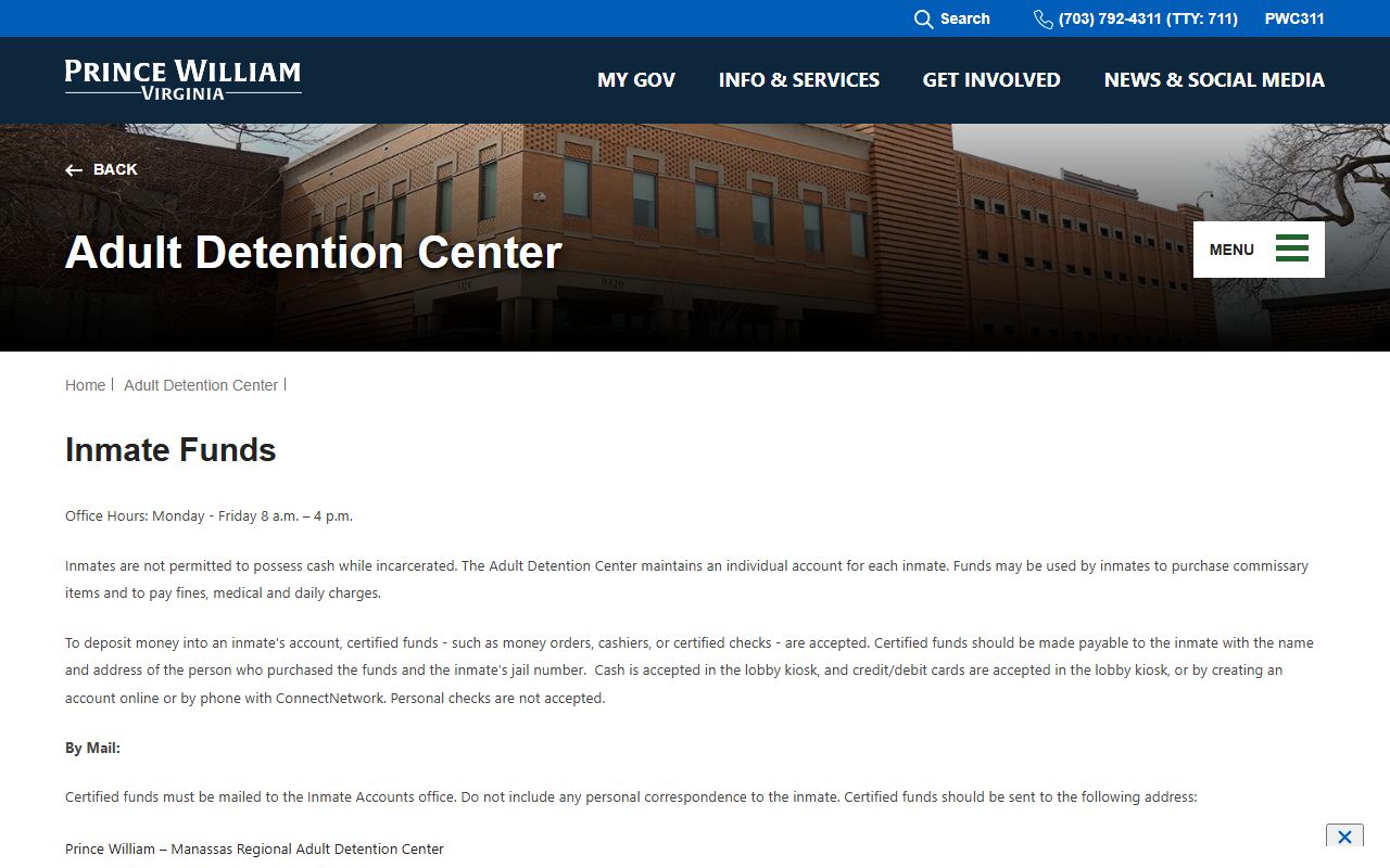 Prince William County inmate funds and commissary deposit instructions