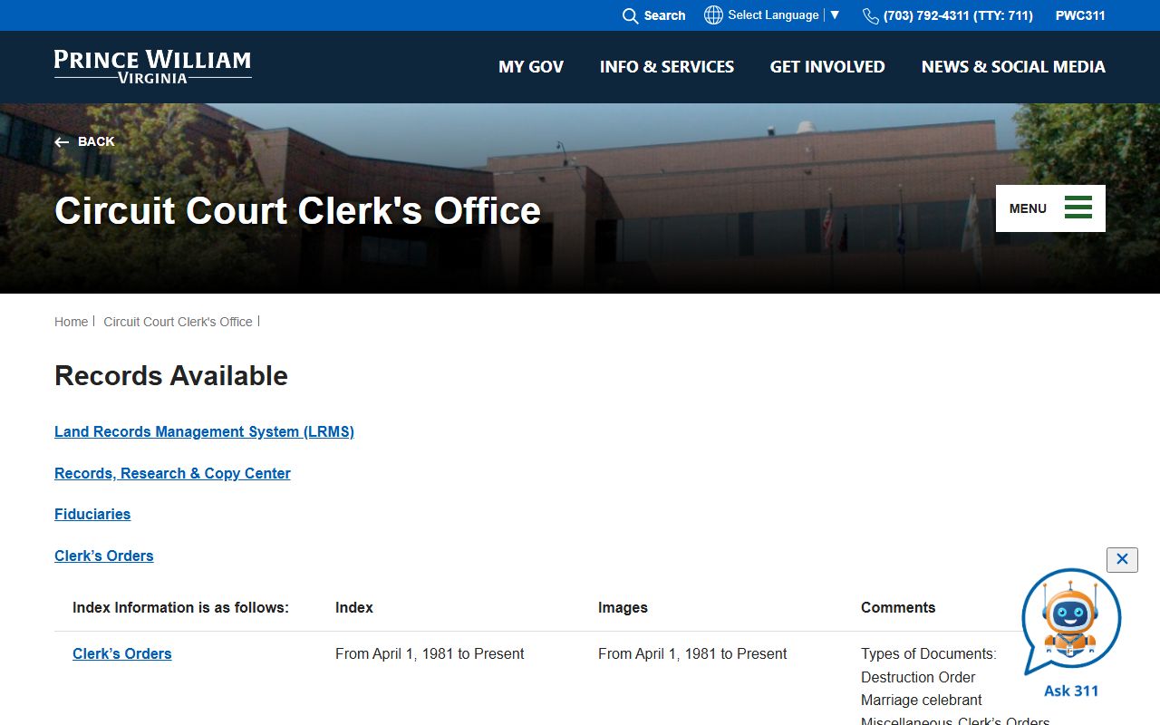 Prince William County court records availability table from the Clerk of Circuit Court