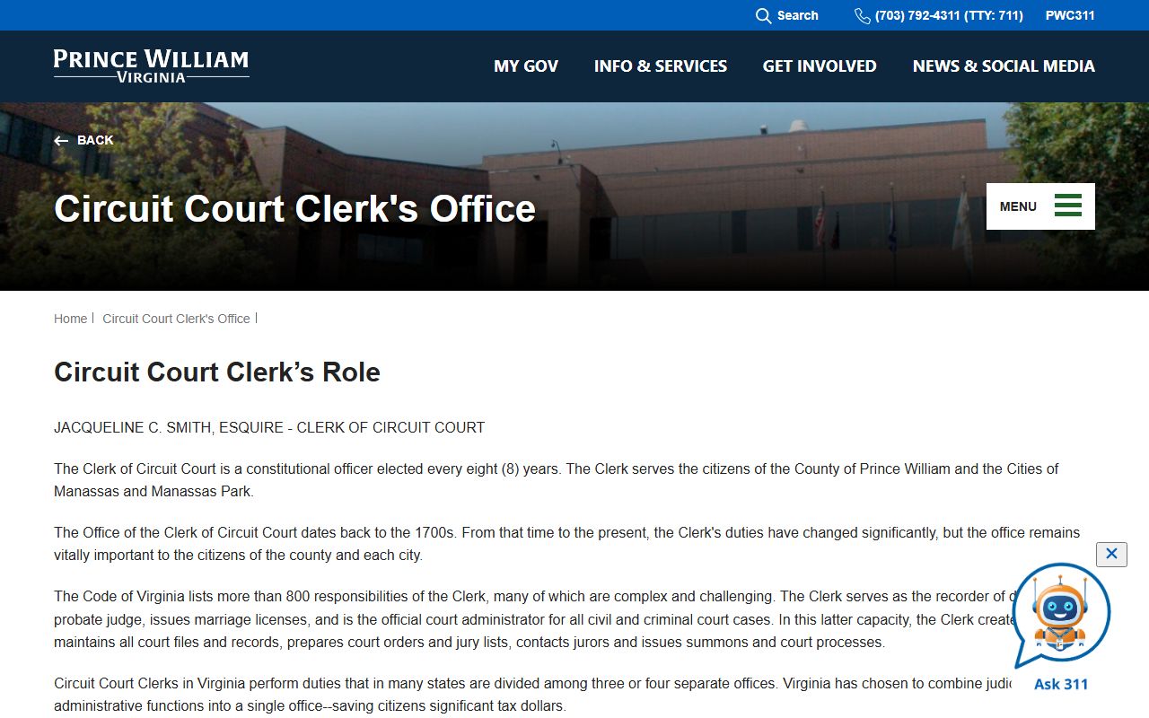 Prince William County court records and the Clerk of Circuit Court role page