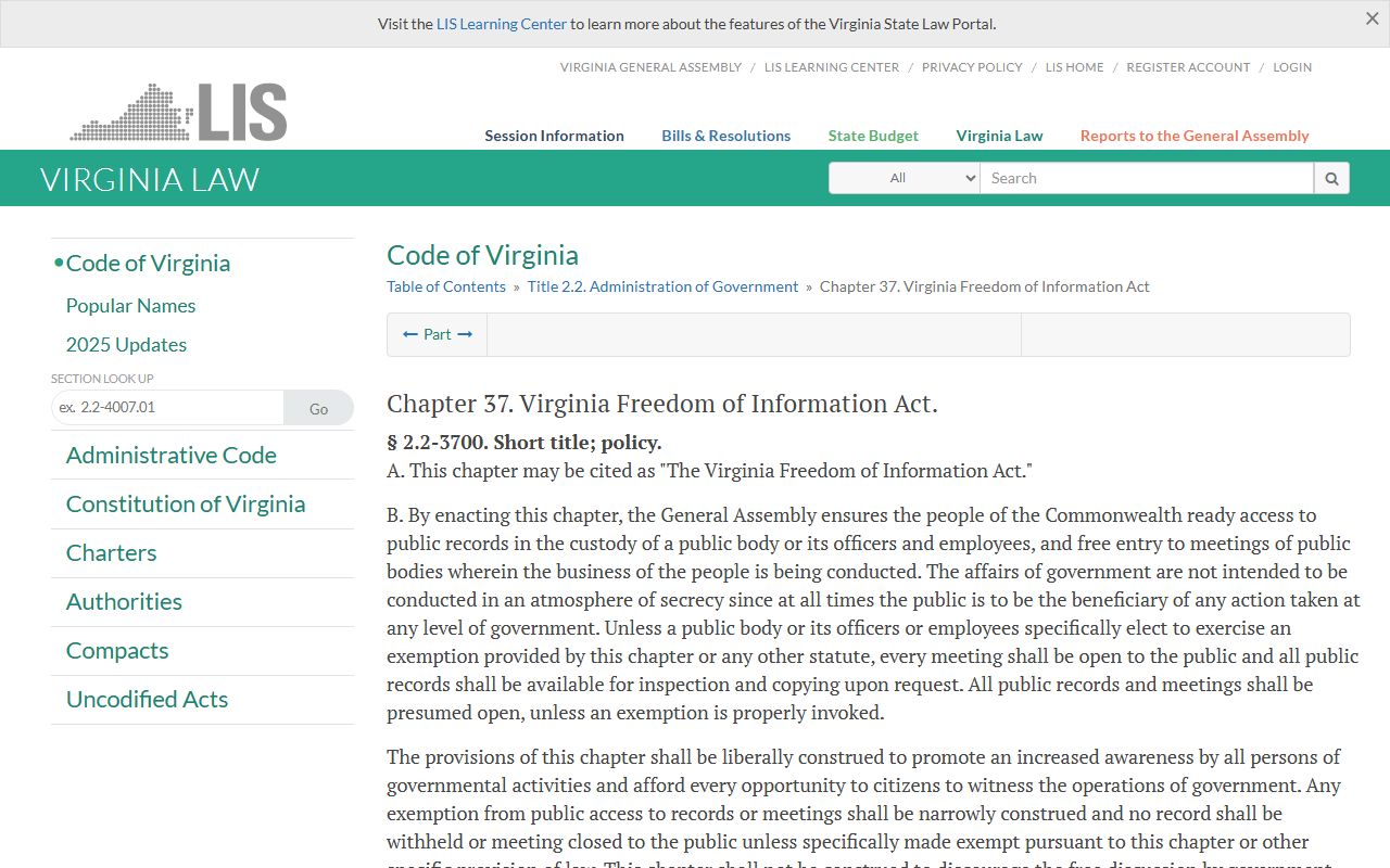 Prince William County public records and the Virginia FOIA chapter in the Code of Virginia