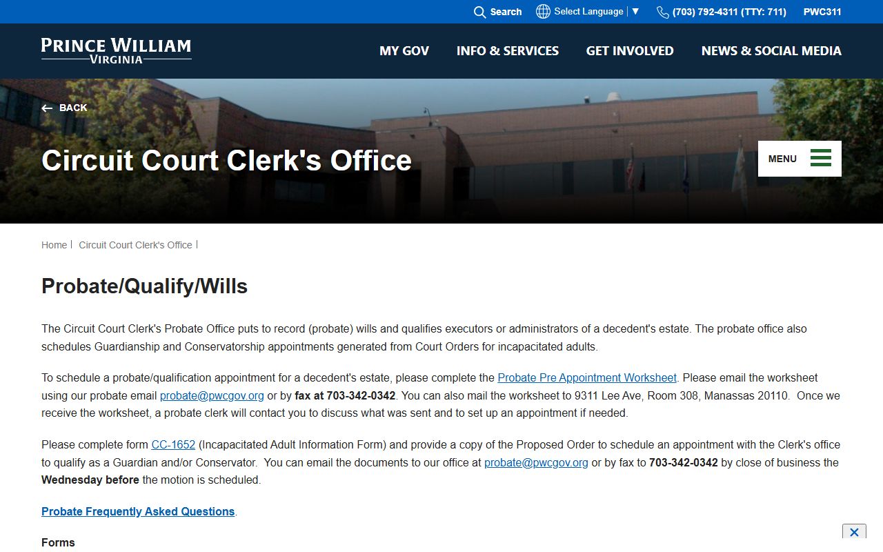 Prince William County probate records qualify wills page