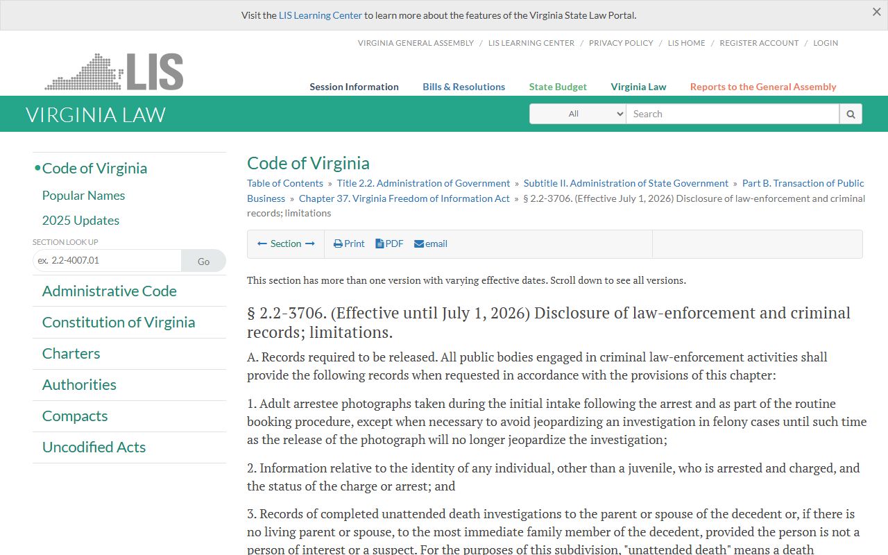 Prince William County public records law-enforcement disclosure statute