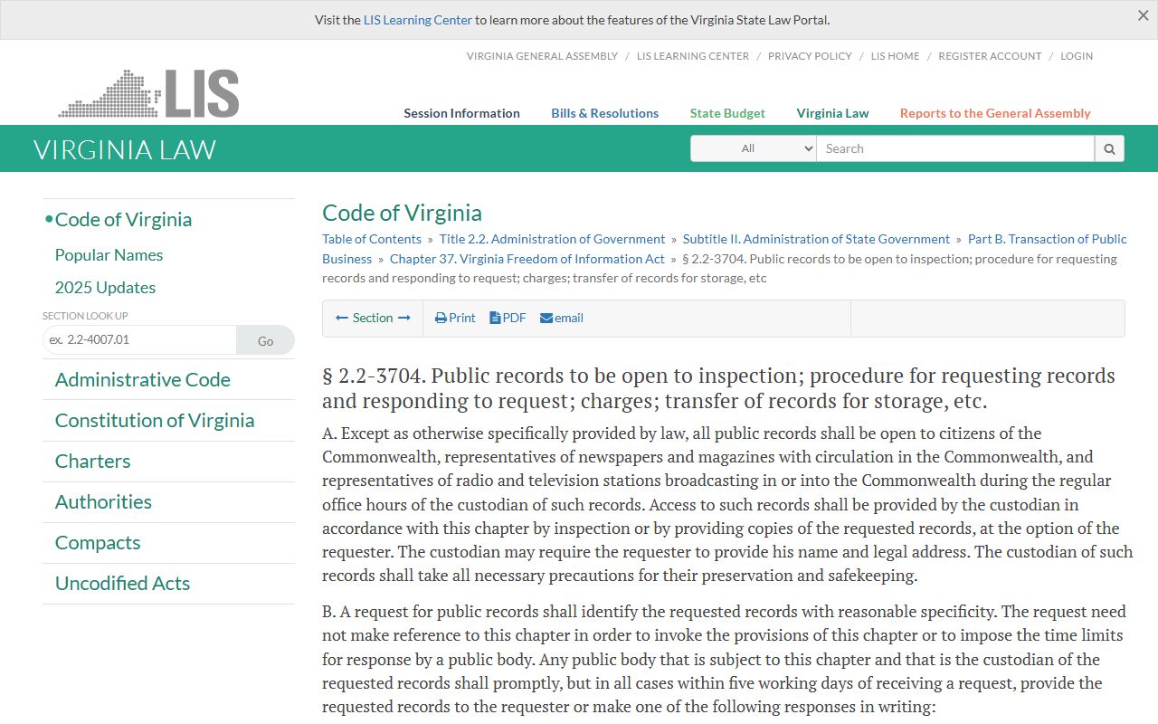 Prince William County public records request statute under Virginia FOIA