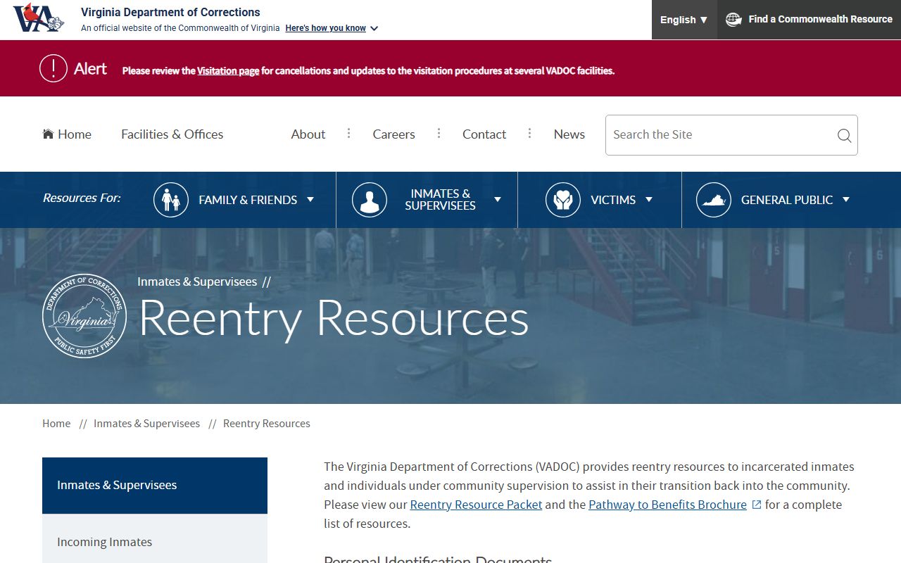 Prince William County reentry resources from the Virginia Department of Corrections