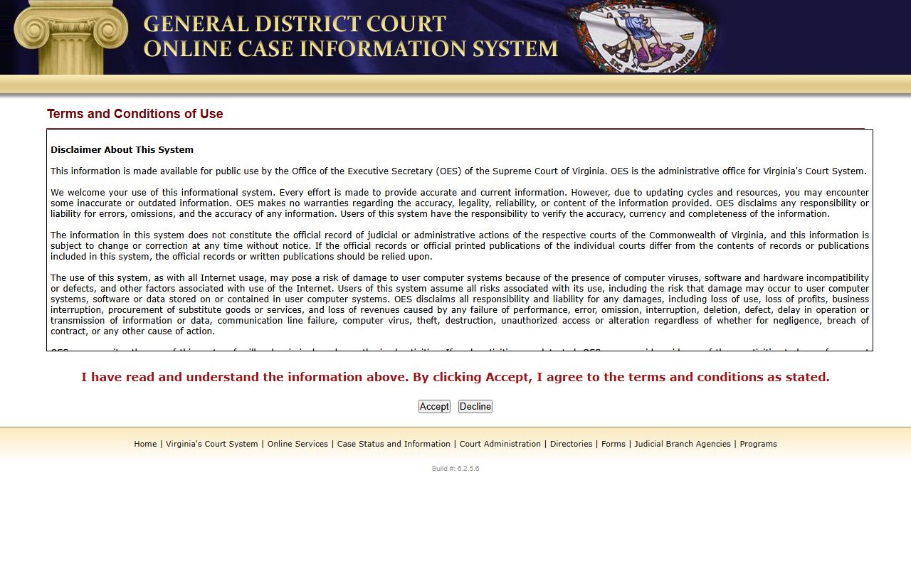 Prince William County traffic court records on the General District Court Case Information system