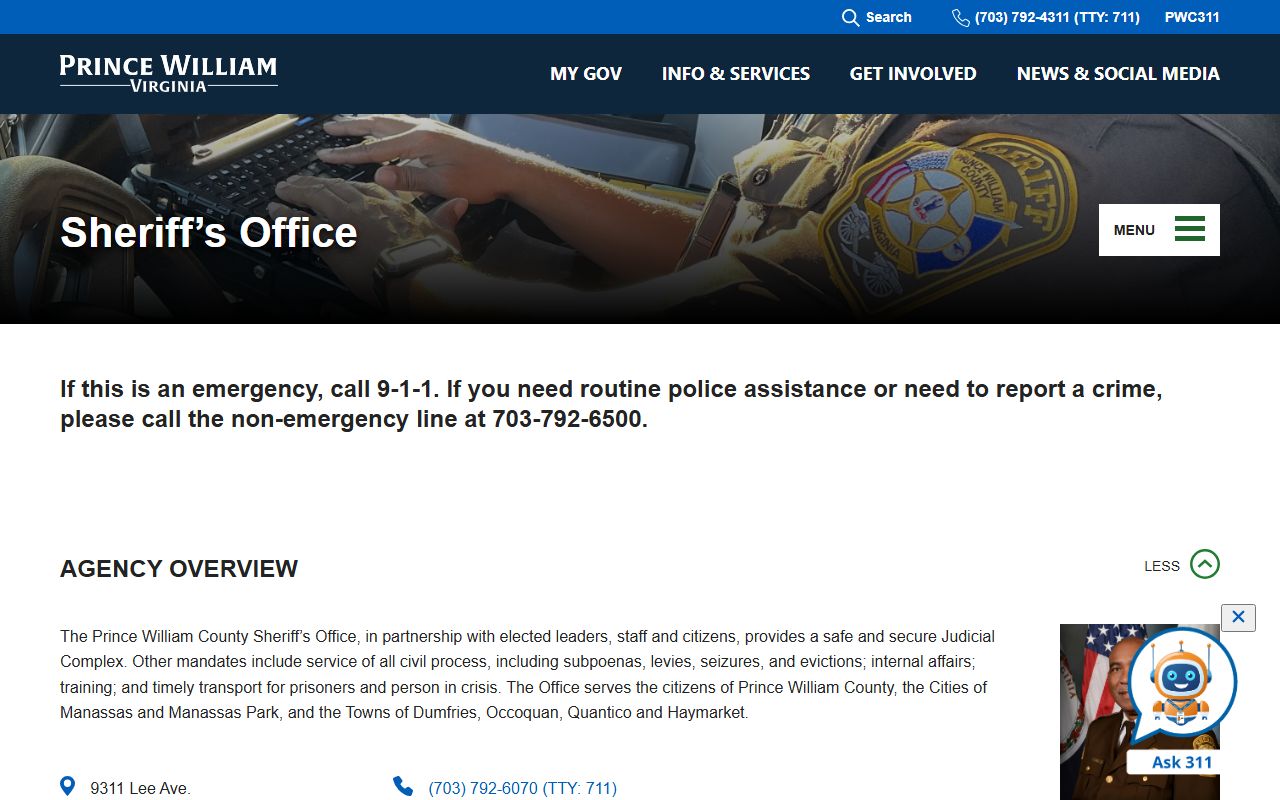 Prince William County Sheriff's Office for warrant and civil process questions